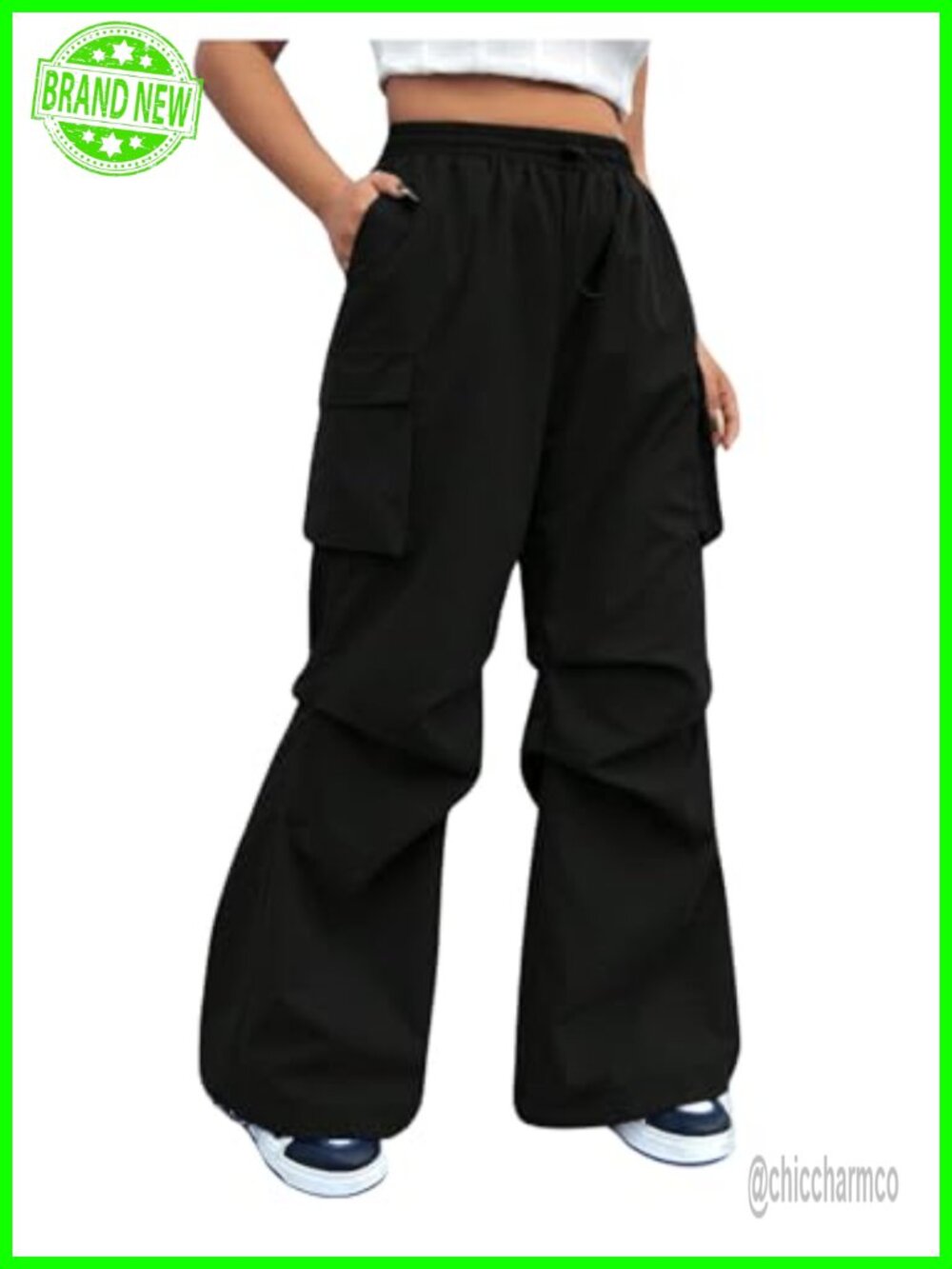 Plus Size Wide Leg Cargo Pants Drawstring High Waist Loose Fit Casual